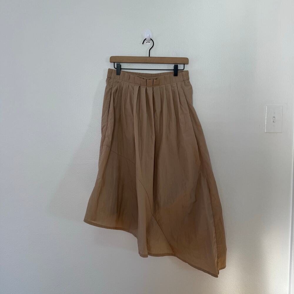 ACHRO Women's Tan Taupe Asymmetrical Elastic Waist Pleated Midi Skirt Size M